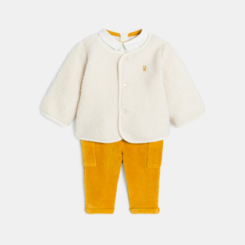 سترة جيليه من نسيج صوف الشيربا وبنطلون)سروال( من المخمل وقميص بودي أصفر للصبيان حديثي الولادة